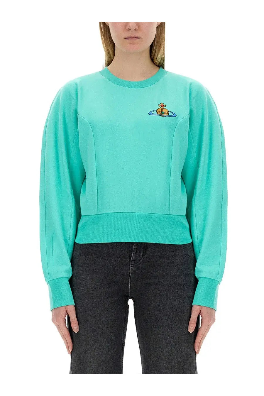 Vivienne Westwood women’s sweatshirt in cynthia blue with ribbed crew neck cuffs and embroidered logo on the chest