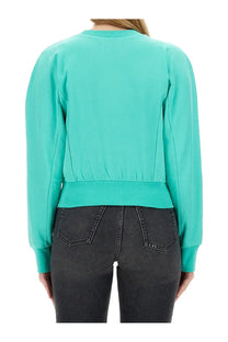 Vivienne Westwood women’s sweatshirt cynthia blue teal long-sleeved bomber jacket with fitted waistband and ribbed cuffs