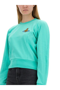 Vivienne Westwood women’s teal long-sleeved sweatshirt with small embroidered logo on the chest
