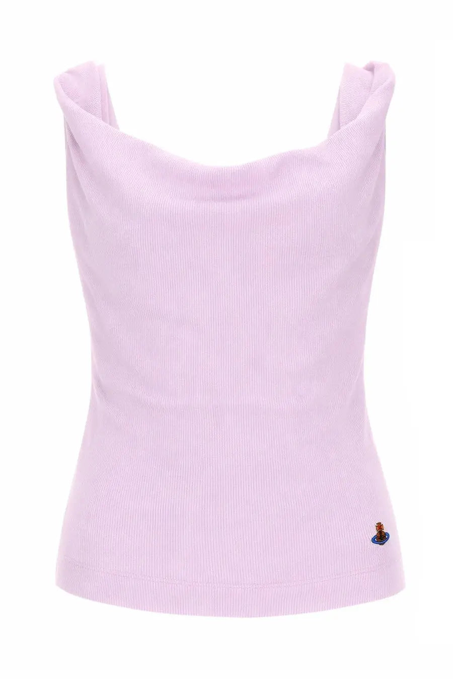 Vivienne Westwood women’s soft lavender ribbed knit sleeveless top with draped cowl neckline and embroidered logo