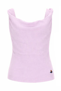 Vivienne Westwood women’s soft lavender ribbed knit sleeveless top with draped cowl neckline and embroidered logo