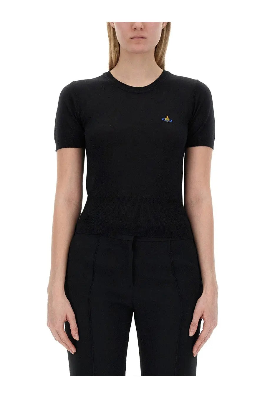 Vivienne Westwood women’s black short-sleeved knit top with small embroidered logo on the left chest