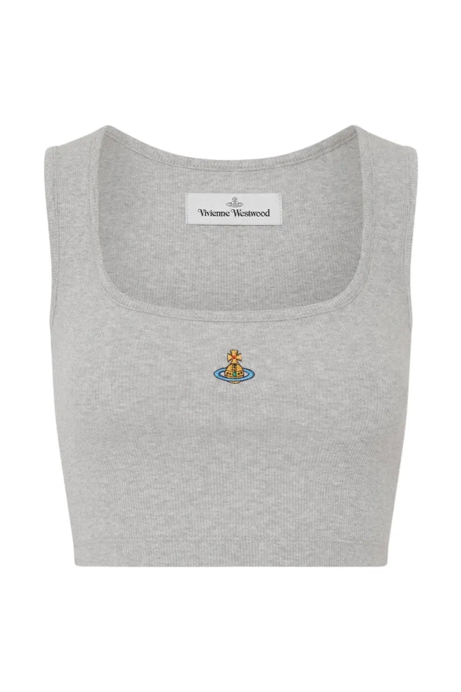 Vivienne Westwood women’s heather gray cropped tank top with embroidered orange cat logo on blue plate at center