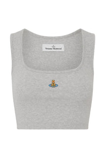 Vivienne Westwood women’s heather gray cropped tank top with embroidered orange cat logo on blue plate at center