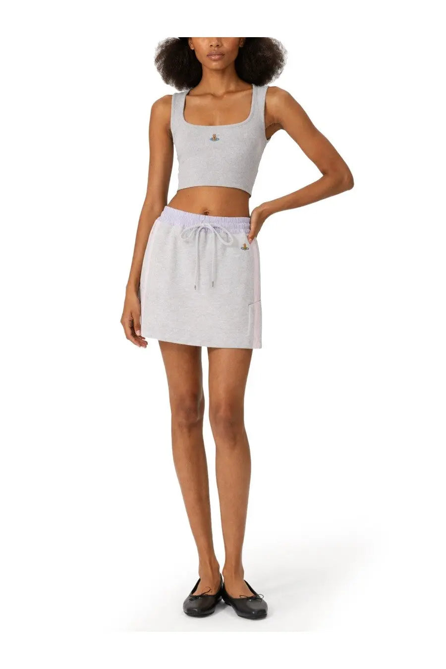 Light gray Vivienne Westwood women’s cropped tank top with small embroidered logo at chest center