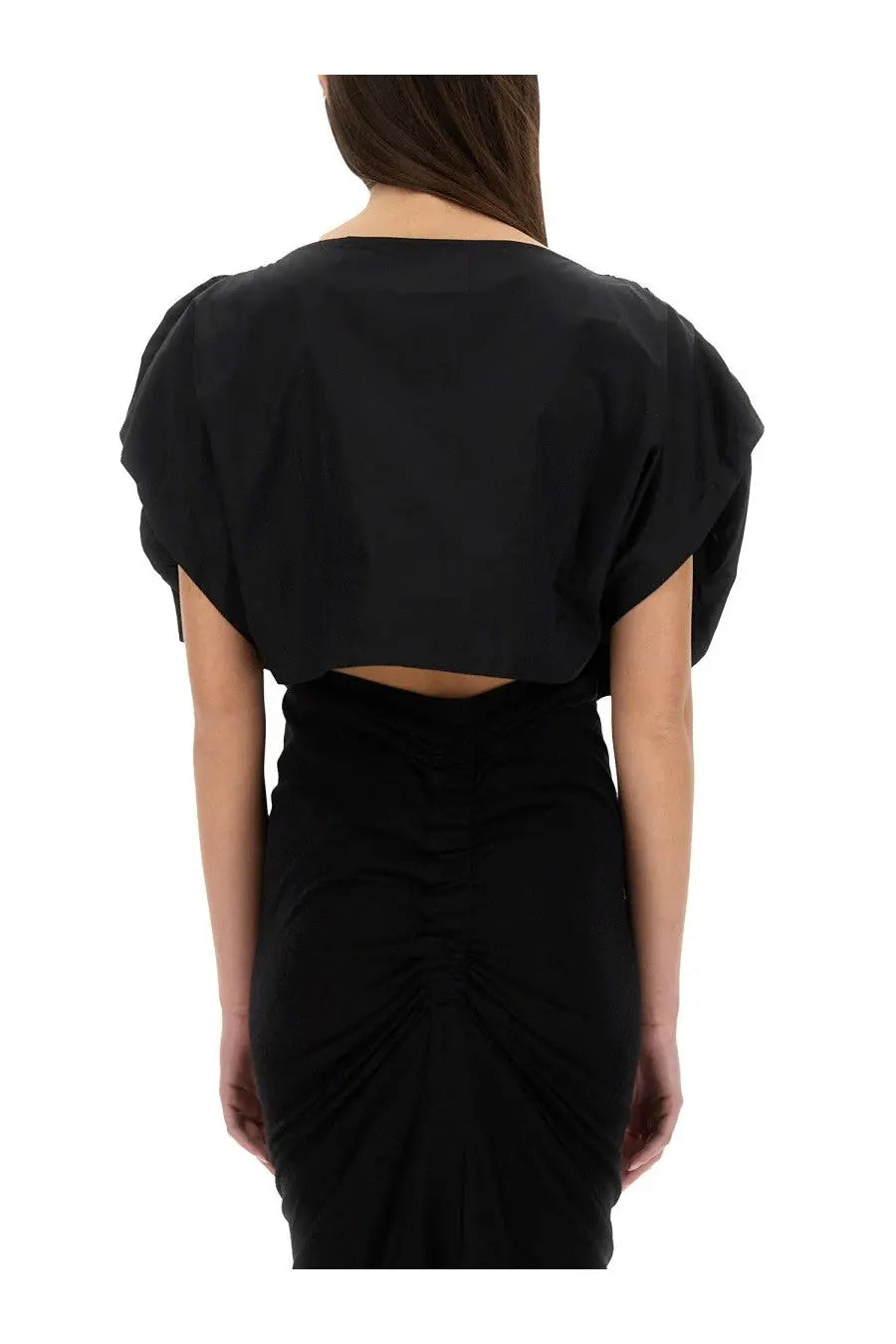 Vivienne westwood women’s black cropped top with puffed sleeves and back cutout detail shown from the back
