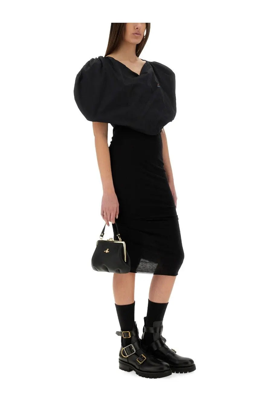 Black leather mini handbag with gold-tone hardware and Vivienne Westwood logo emblem in top heart design