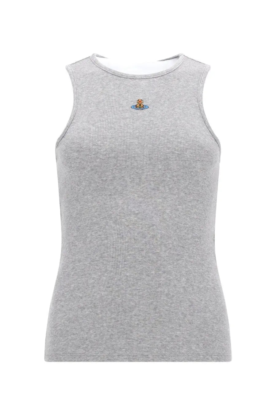 Gray ribbed knit sleeveless top with small embroidered Vivienne Westwood logo at center chest for women
