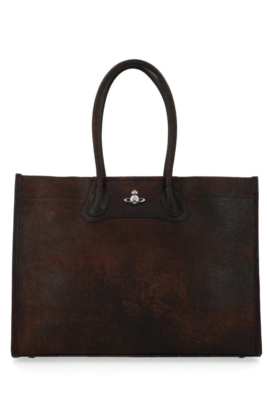 Dark brown suede vivienne westwood women’s troy tote bag with silver-toned orb logo clasp