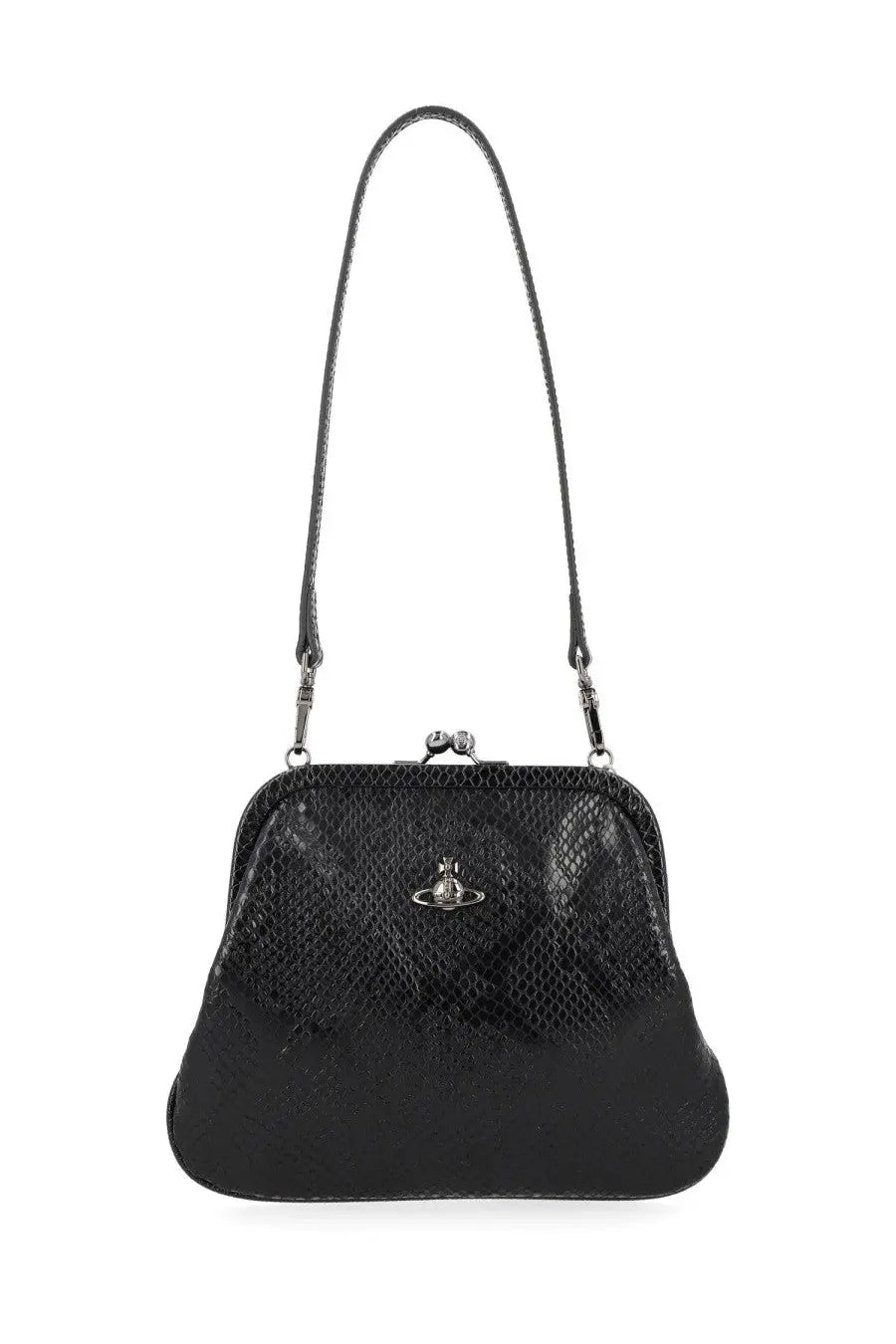 Vivienne Westwood women’s Viviennes clutch bag black snake-print leather with silver-toned clasp and logo