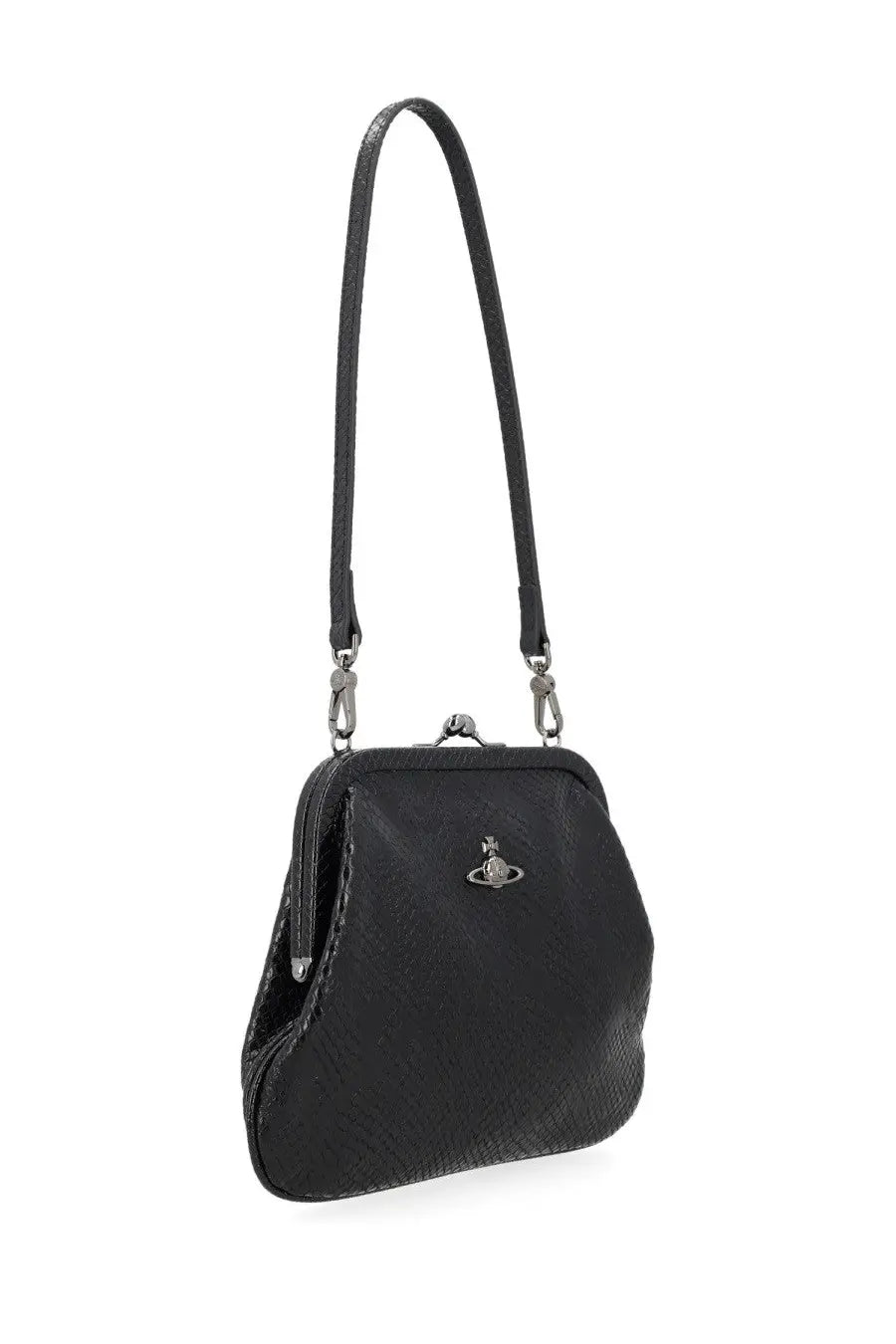 Black textured leather vivienne westwood womens clutch bag with silver clasp and logo emblem