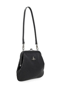 Black textured leather vivienne westwood womens clutch bag with silver clasp and logo emblem