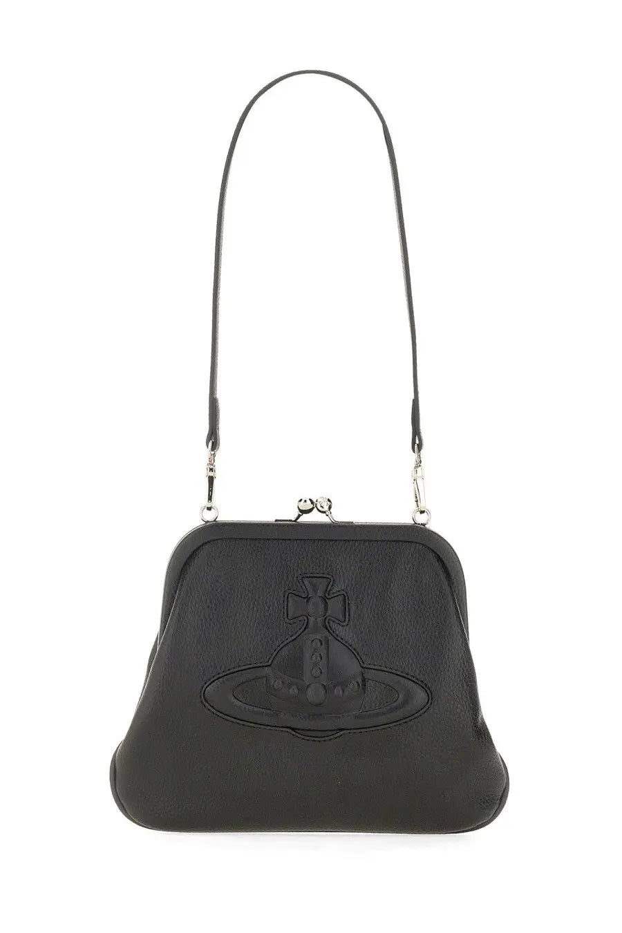 Vivienne westwood women’s viviennes clutch black leather shoulder bag with silver clasp and embossed logo