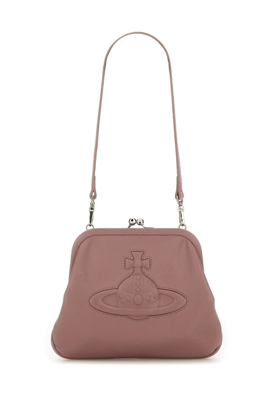Vivienne Westwood womens dusty rose leather clutch featuring embossed classic orb logo on the front