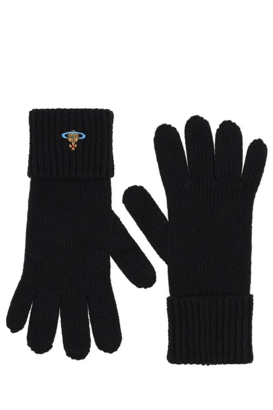 Black knitted wool gloves with ribbed cuff and embroidered logo on wrist showing the back side by vivienne westwood