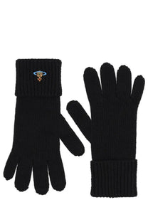 Black knitted wool gloves with ribbed cuff and embroidered logo on wrist showing the back side by vivienne westwood