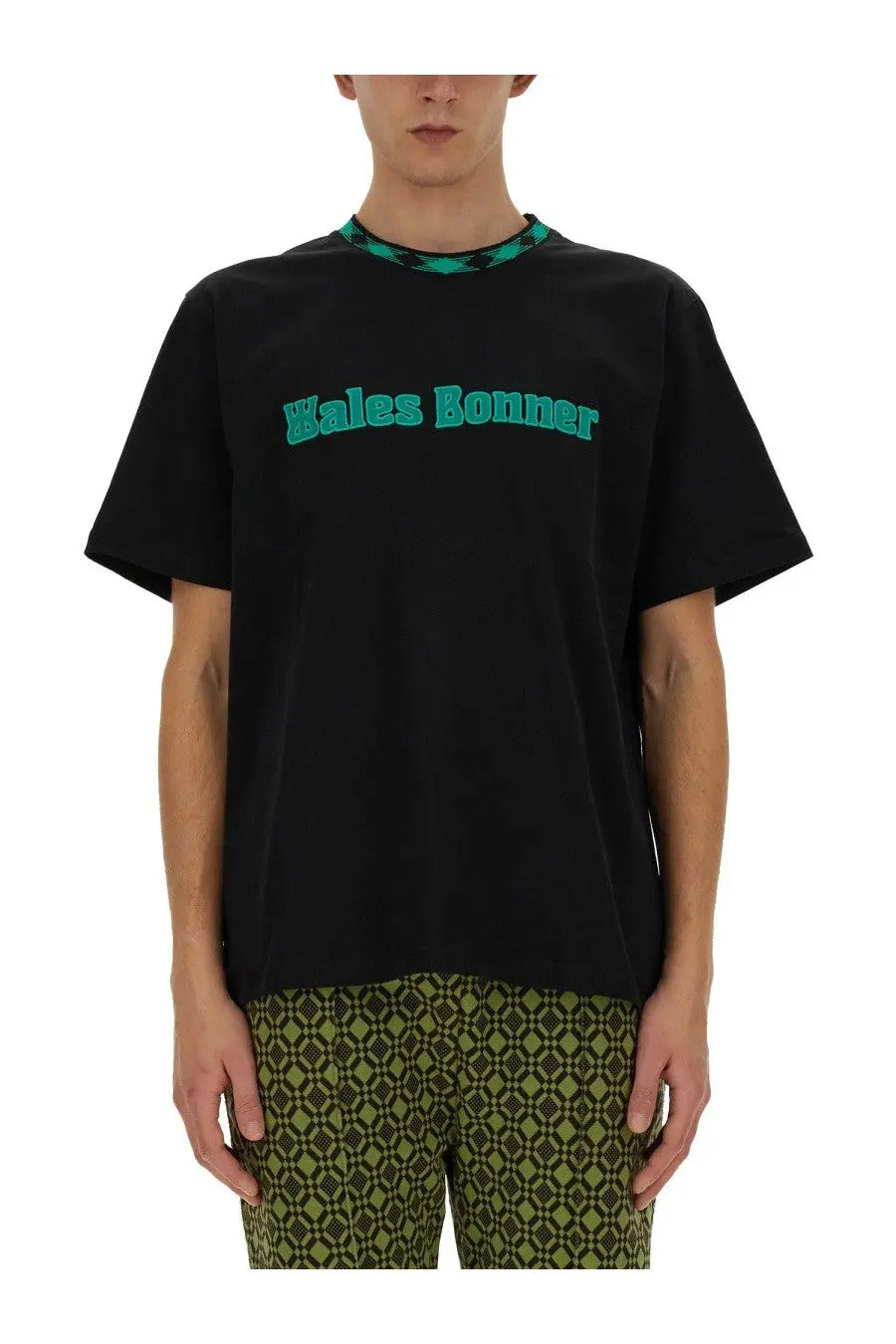 Wales bonner men’s black cotton t-shirt with teal lettering and geometric patterned collar across chest