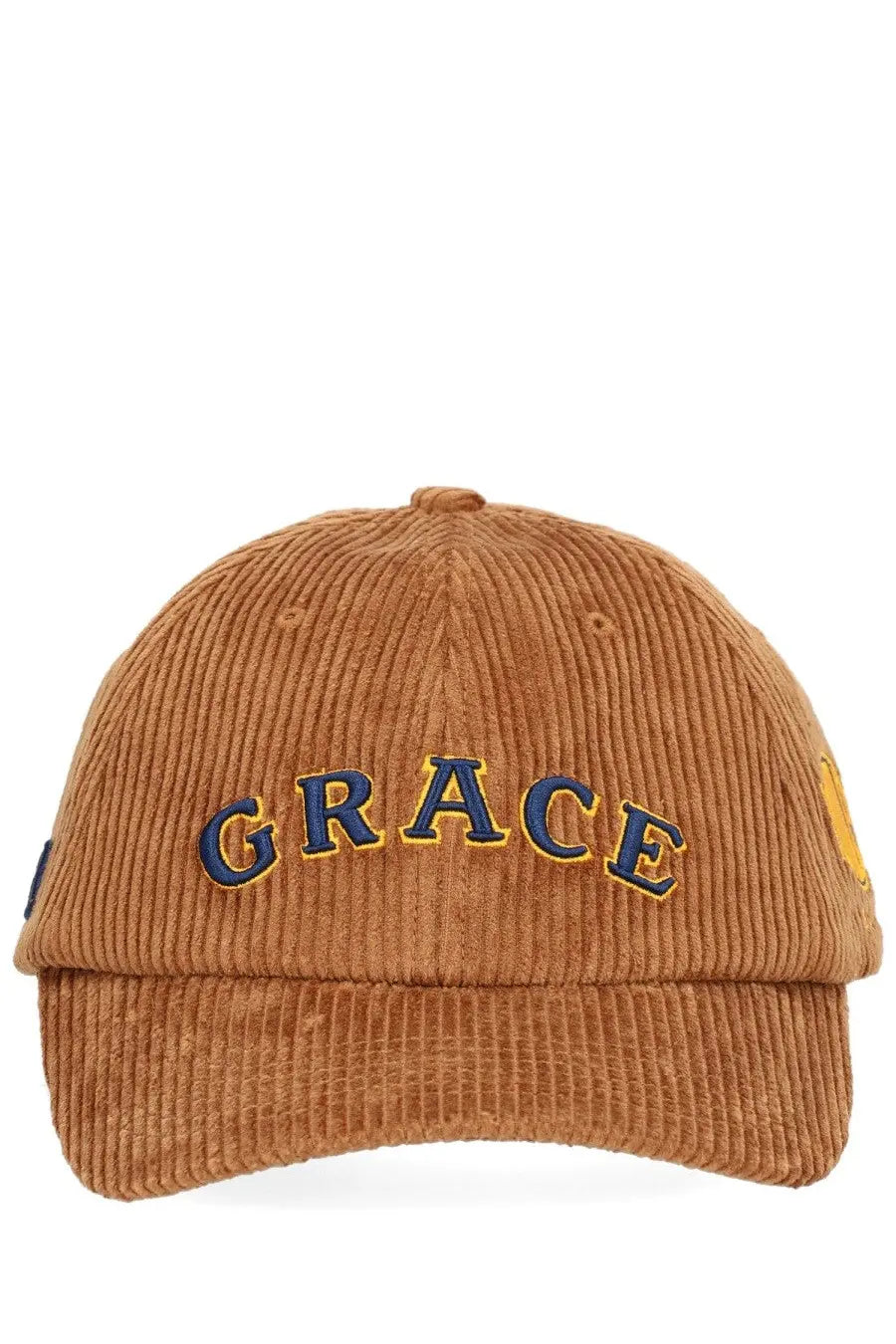 Wales bonner unisex grace baseball cap in tan corduroy with navy blue and gold embroidered grace logo