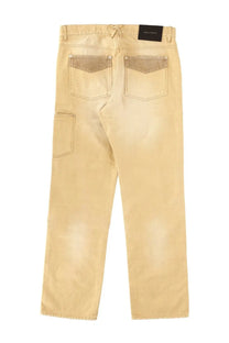 Back view of wales bonner unisex jeans in sierra brown beige denim with tan back pockets and black waistband label