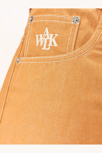 Walk in paris men’s baggy orange denim shorts pocket with white embroidered wak logo and silver rivets on back side