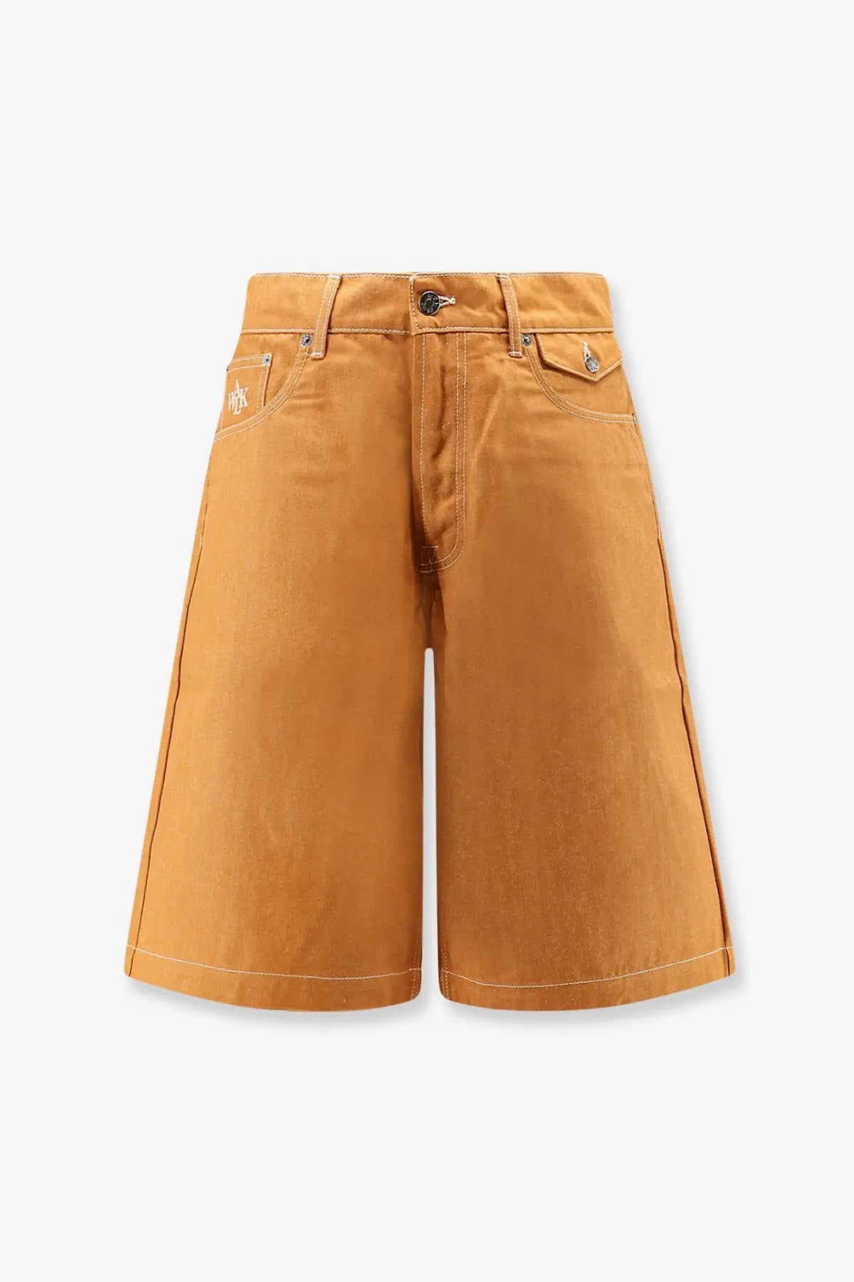 Tan denim shorts with five-pocket design and subtle white stitching in walk in paris mens baggy orange denim shorts orange