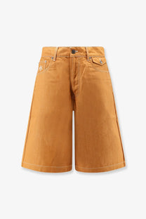 Tan denim shorts with classic five-pocket design and subtle white stitching from walk in paris men’s baggy orange denim shorts