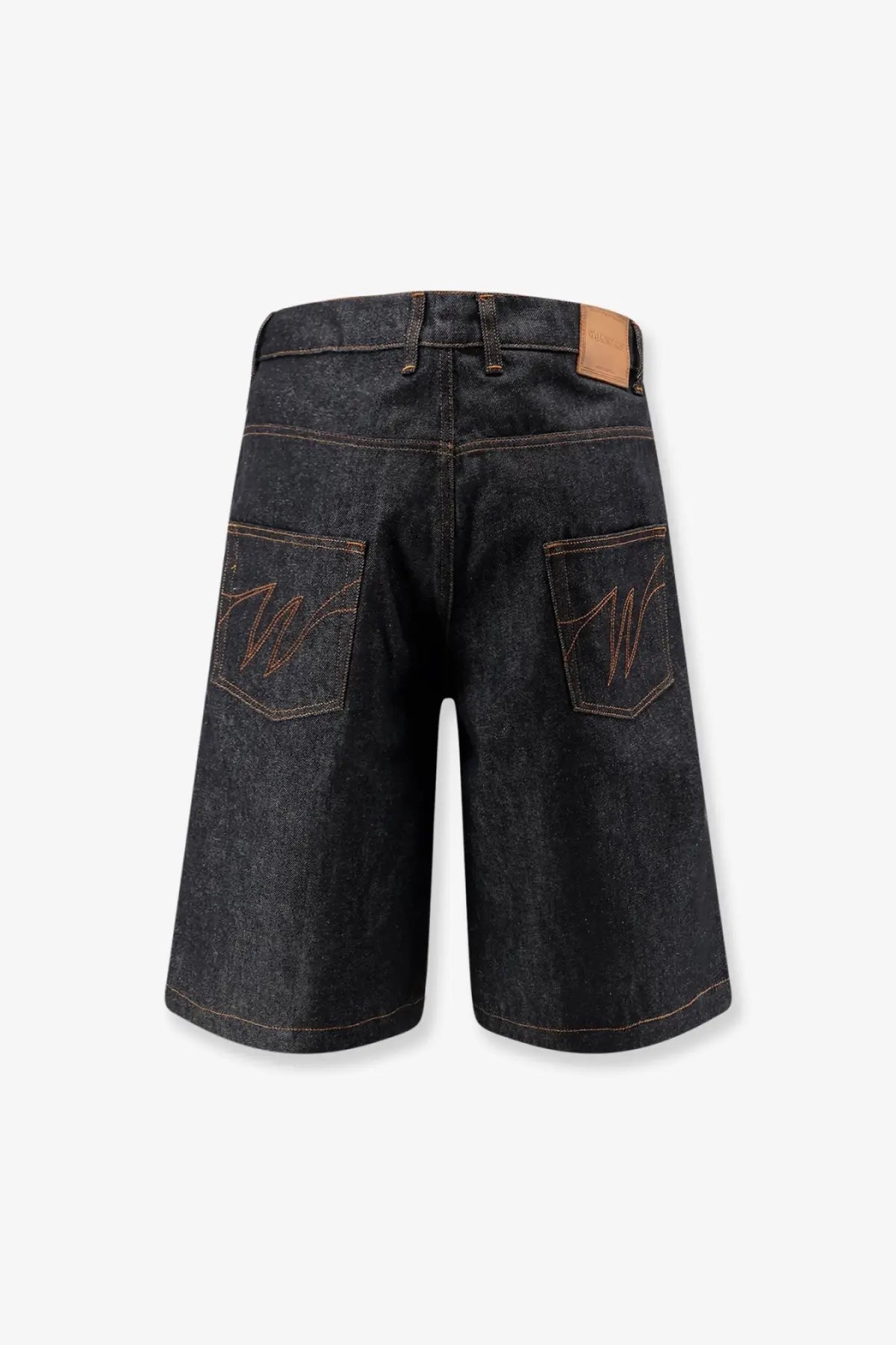 Back side of dark-wash Walk In Paris men’s baggy raw denim shorts with embroidered w logos on each pocket