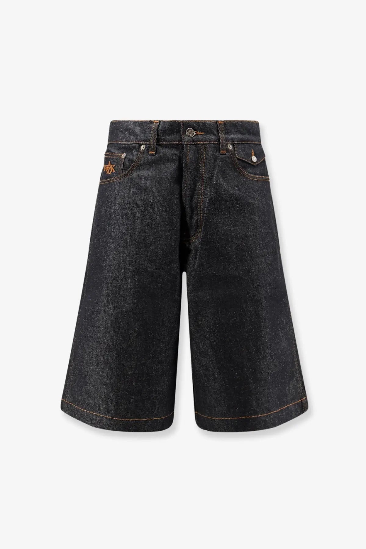 Dark-wash walk in paris men’s baggy raw denim shorts with relaxed wide-leg cut and subtle orange stitching
