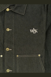 Dark green denim jacket with gold-tone buttons and white embroidered walk logo on chest from Walk In Paris men’s collection