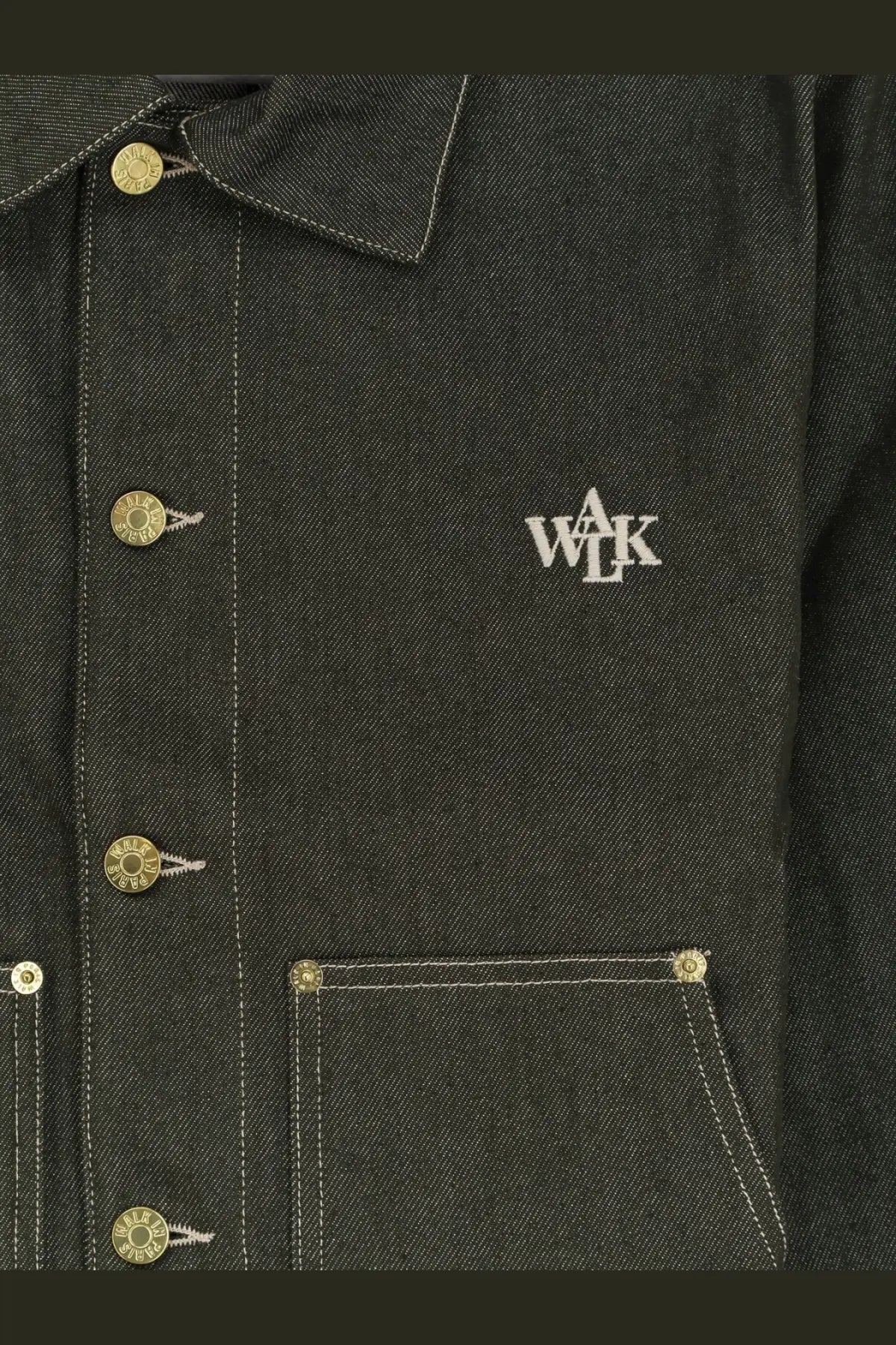 Dark green denim jacket with gold-tone buttons and white embroidered walk logo on the chest by Walk In Paris