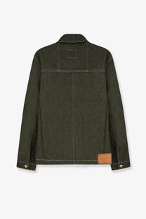 Walk in paris men’s carpenters green dark olive green denim jacket with white stitching and tan leather patch