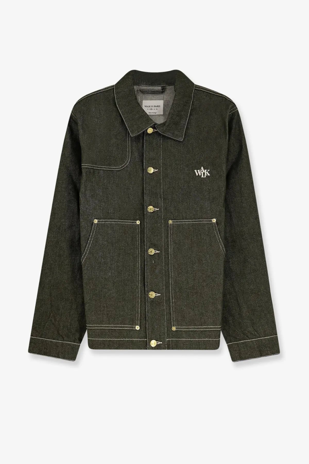 Dark olive green walk in paris men’s carpenters denim jacket with contrasting stitching and gold-tone buttons