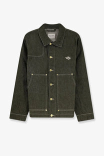 Walk in paris men’s carpenters green denim jacket in dark olive green with light stitching and gold-tone buttons