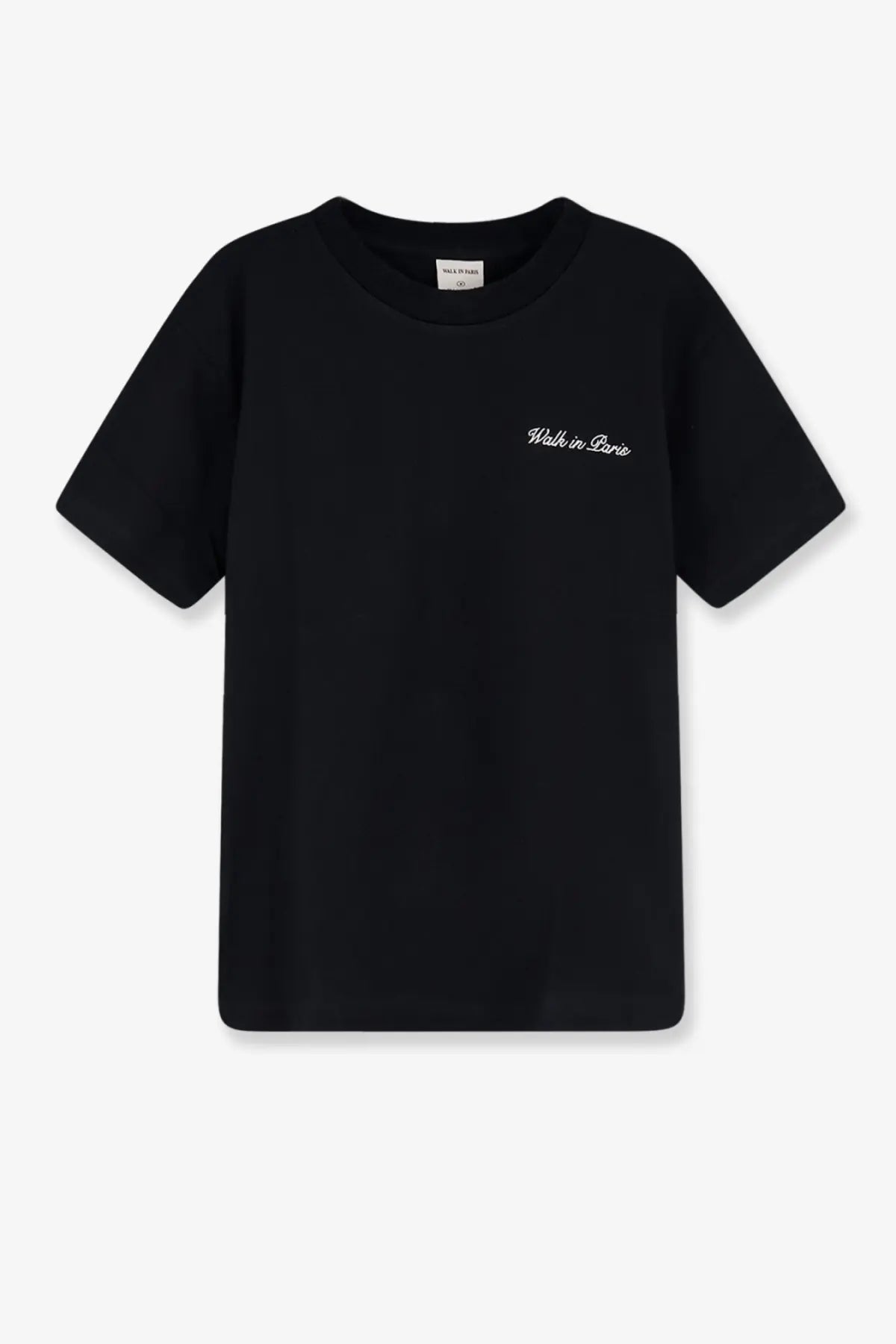 Black short-sleeved cotton t-shirt with white cursive walk in paris embroidery on the left chest for men