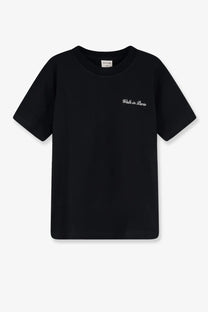 Black short-sleeved cotton t-shirt with white cursive walk in paris embroidery on the left chest for men