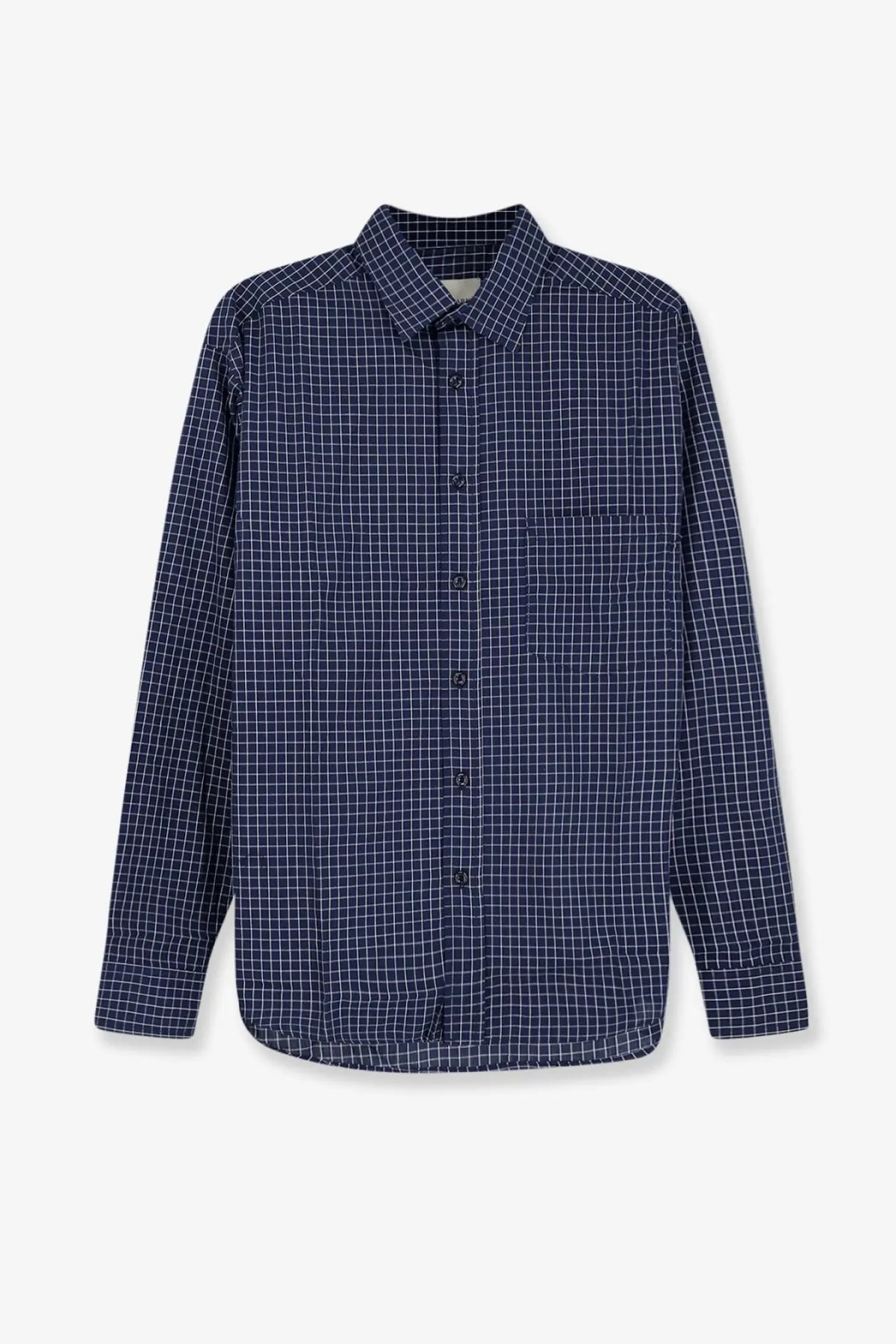 Walk in paris men’s cotton shirt in navy blue and white checkered long sleeve button-up design