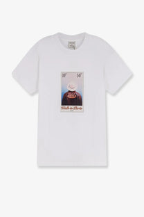 White cotton walk in paris men’s t-shirt with vintage postage stamp graphic featuring smiling face made in Paris text