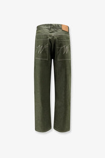 Back view of olive green denim walk in paris men’s double knee trousers with white embroidered w logos and tan leather patch
