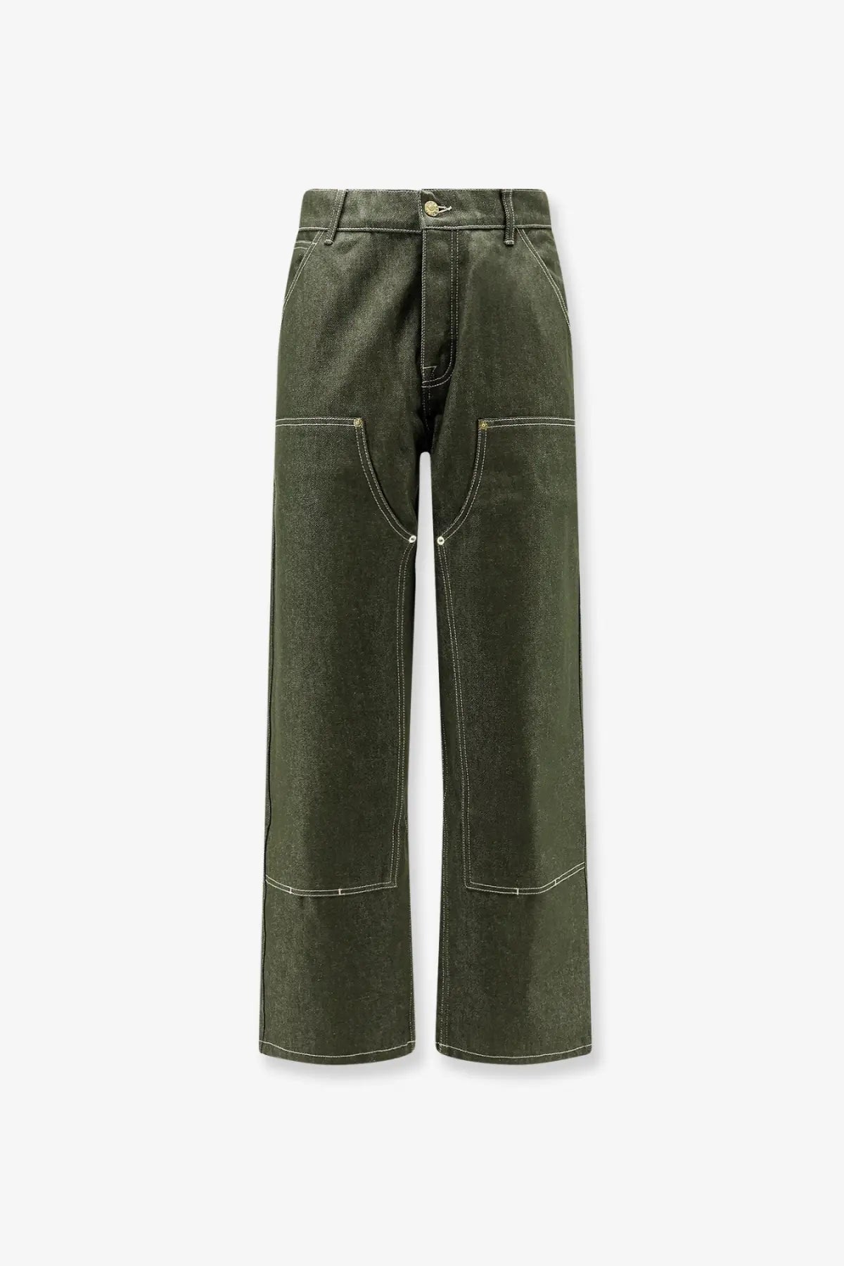 Olive green wide-leg denim trousers with double knee design white stitching and large patch pockets for men
