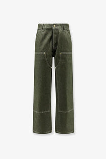 Olive green wide-leg denim trousers with double knee design white stitching and large patch pockets for men