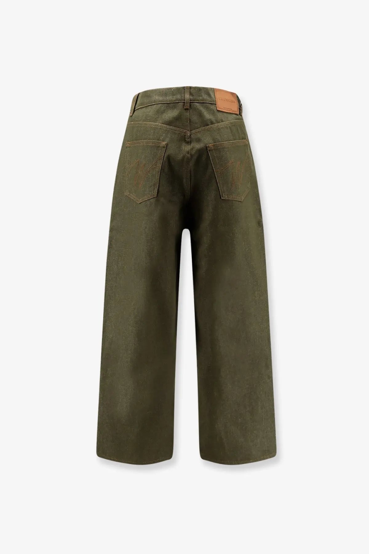 Olive green wide-leg denim trousers with brown leather patch at waistband from Walk In Paris men’s The Gardeners Denim Trousers Green