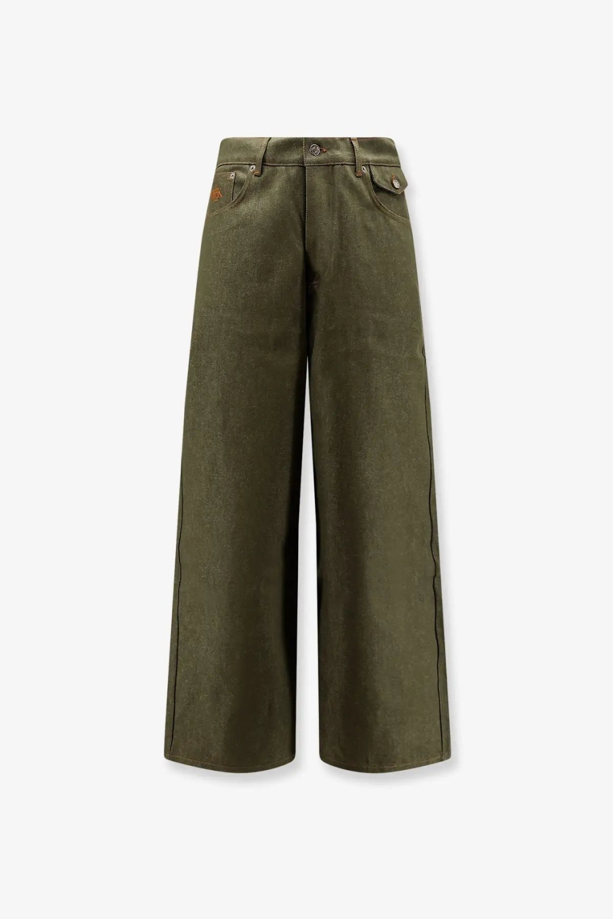 Olive green wide-leg denim trousers with relaxed fit and classic front pockets from walk in paris mens the gardeners denim trousers green