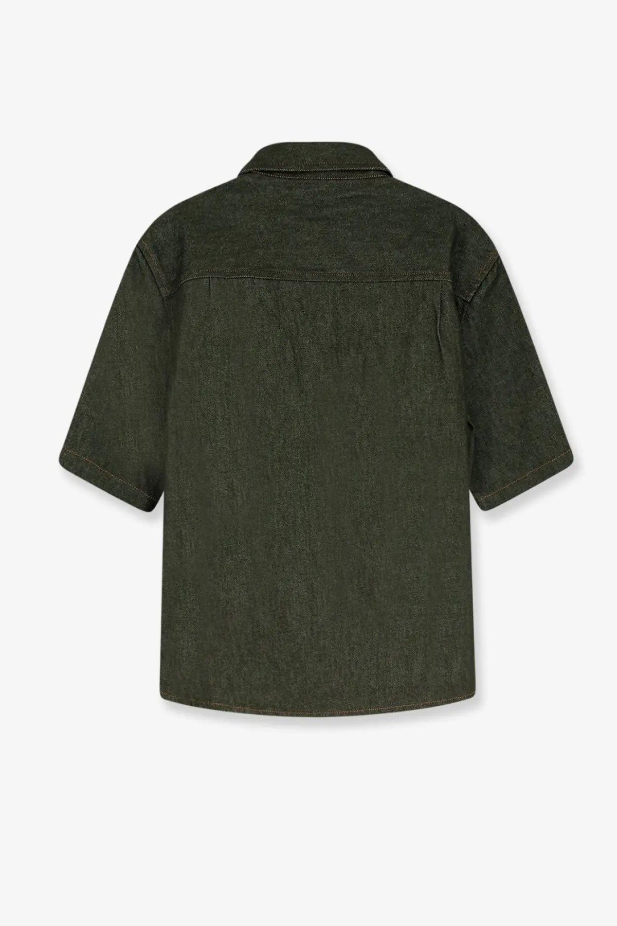 Walk in Paris men’s dark olive green denim short-sleeved shirt with classic collar and straight hem