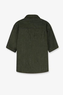 Walk in Paris men’s dark olive green denim short-sleeved shirt with classic collar and straight hem