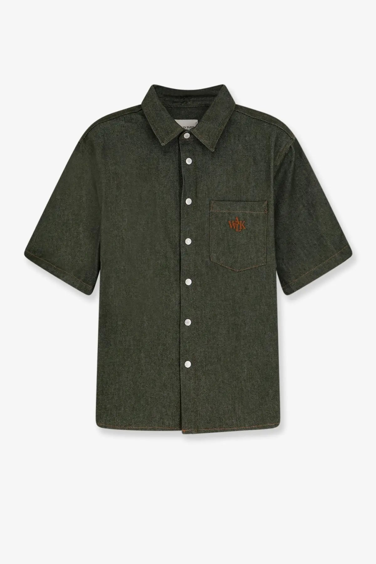 Walk in Paris men’s dark olive green short-sleeved denim shirt with button-down front and embroidered chest pocket logo