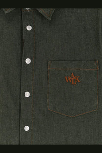 Walk in Paris men’s green denim shirt with silver buttons and brown embroidered wjk logo on chest pocket