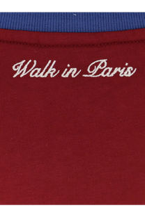 A maroon cotton walk in paris men’s love paris shirt with white embroidered script and blue ribbed collar
