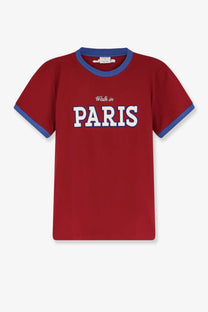 Walk in paris men’s cotton red t shirt with blue trim and walk in paris print on chest for casual wear