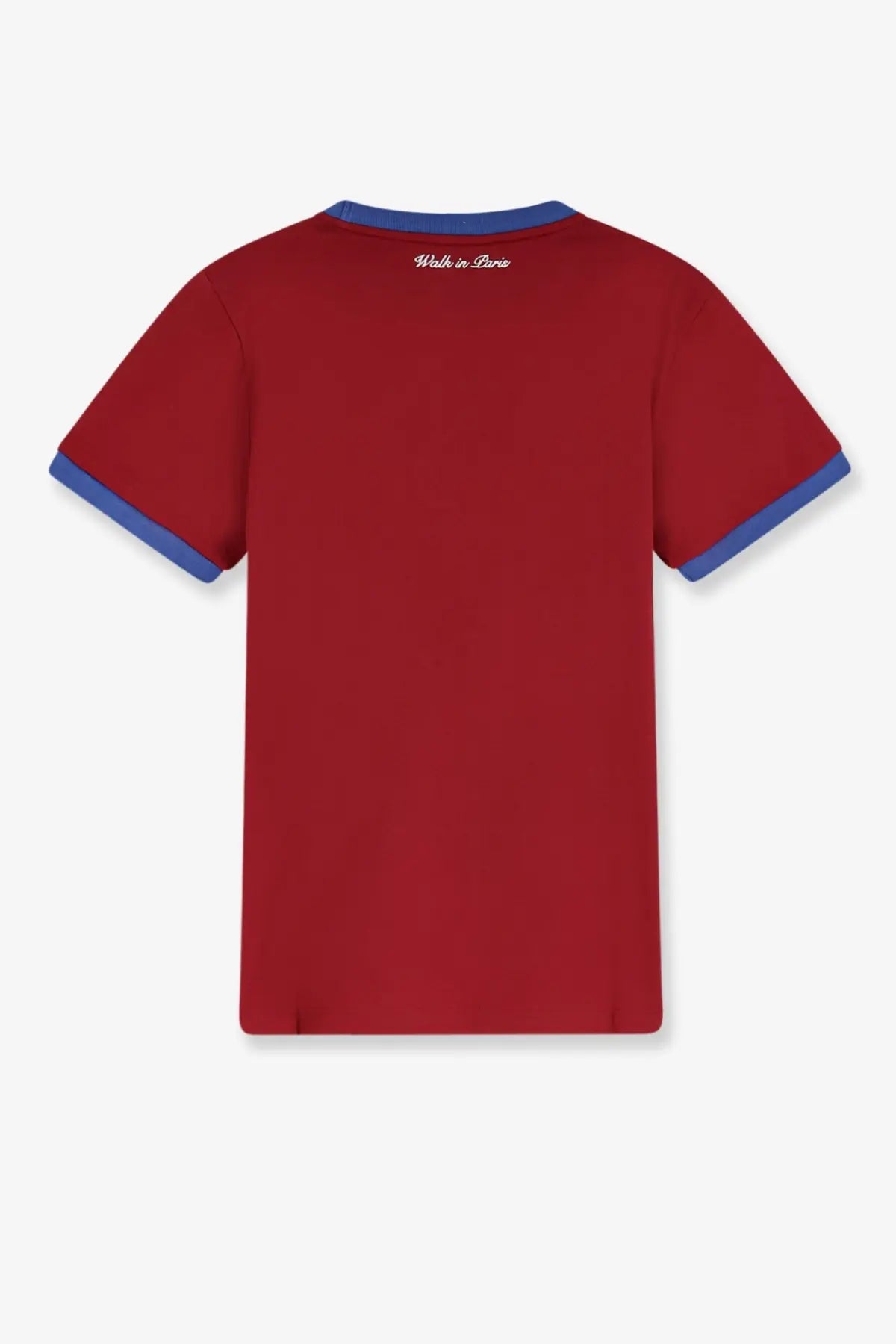 Walk in Paris men’s love Paris cotton shirt red short-sleeved with blue trim and made in Paris embroidery at neckline