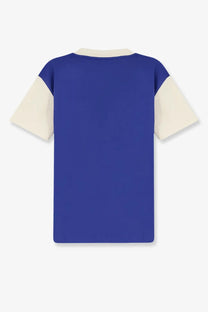 Walk in Paris men’s Odyssé short-sleeve cotton t-shirt in blue and cream colorblock with round neckline